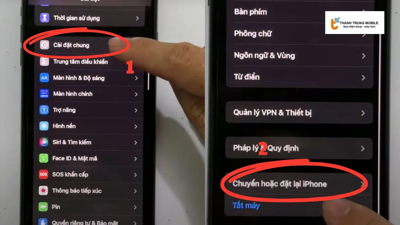 Ấn vào cài đặt chung, sau đó ấn vào chuyển hoặc đặt lai iPhone