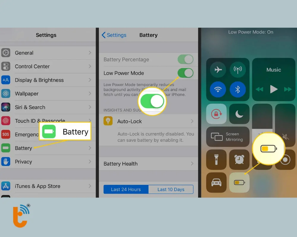 Bật chế độ Nguồn điện thấp ở Cài đặt hoặc ở Trung tâm điều khiển