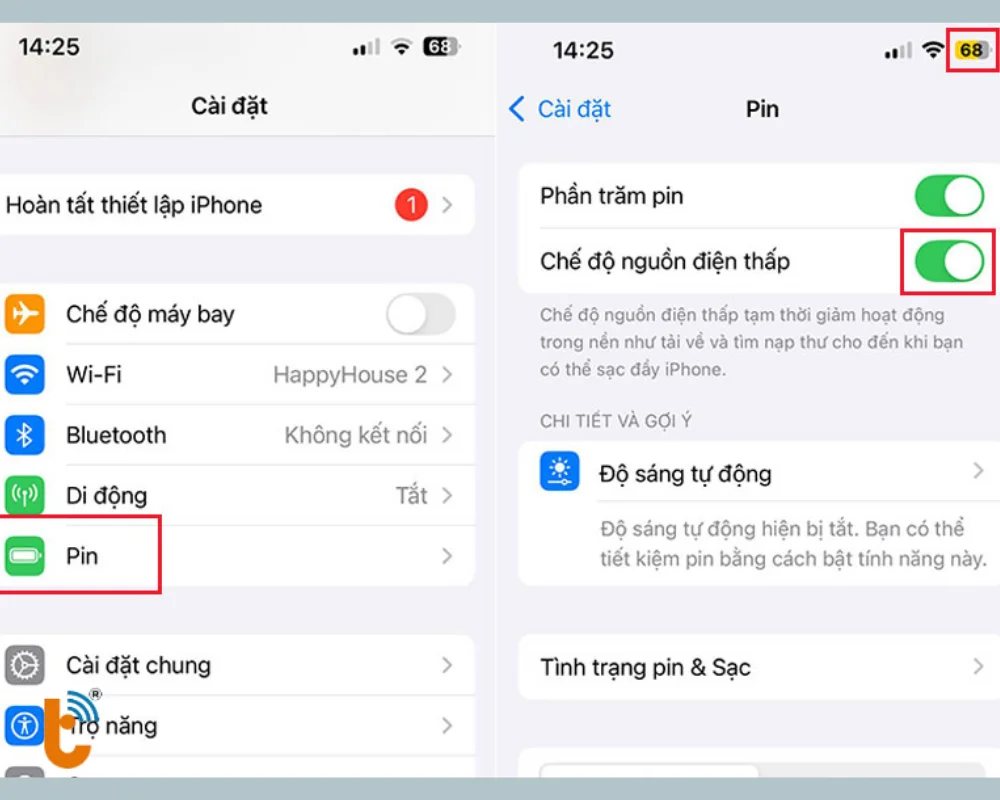 Bật Chế độ nguồn điện thấp để pin chuyển thành màu vàng