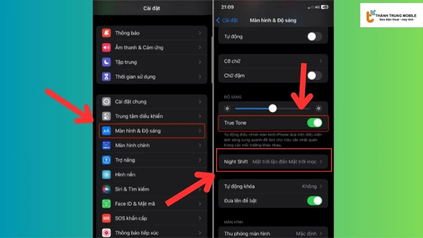 Bật/tắt True Tone và Night Shift thông qua cài đặt