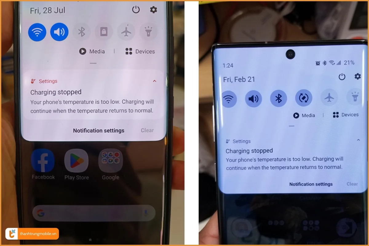 Cảnh báo lỗi Ngưng sạc nhiệt độ điện thoại của bạn quá thấp