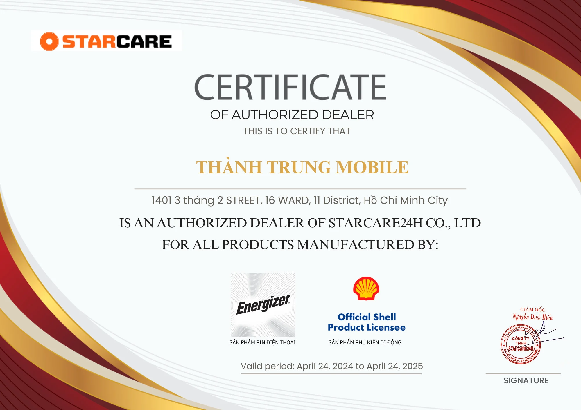 Chứng nhận đại lý chính thức STARCARE24H tại Việt Nam của Thành Trung Mobile