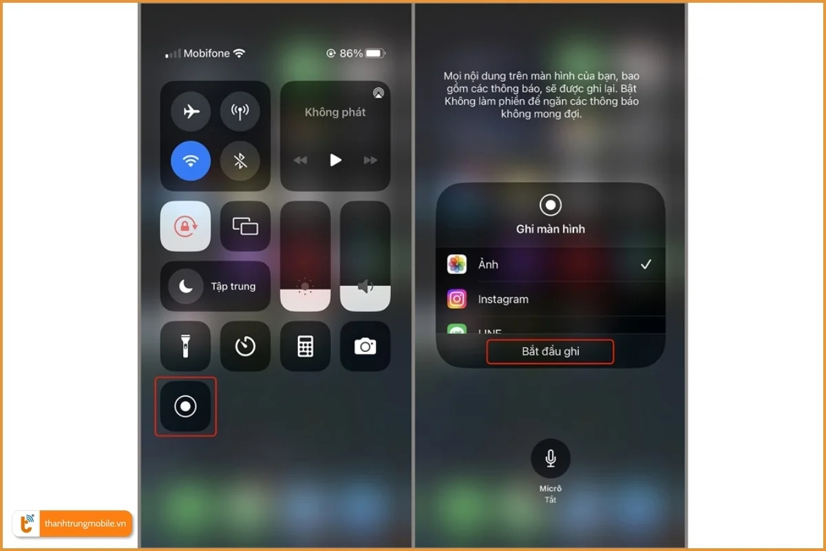 Chọn icon ghi màn hình iPhone từ Trung tâm điều khiển