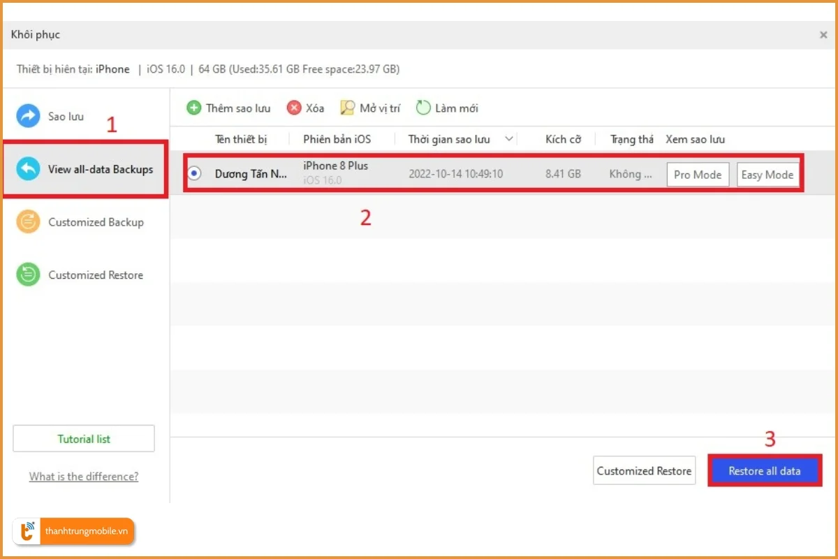 Chọn Restore all data để khôi phục lại dữ liệu đã được sao lưu