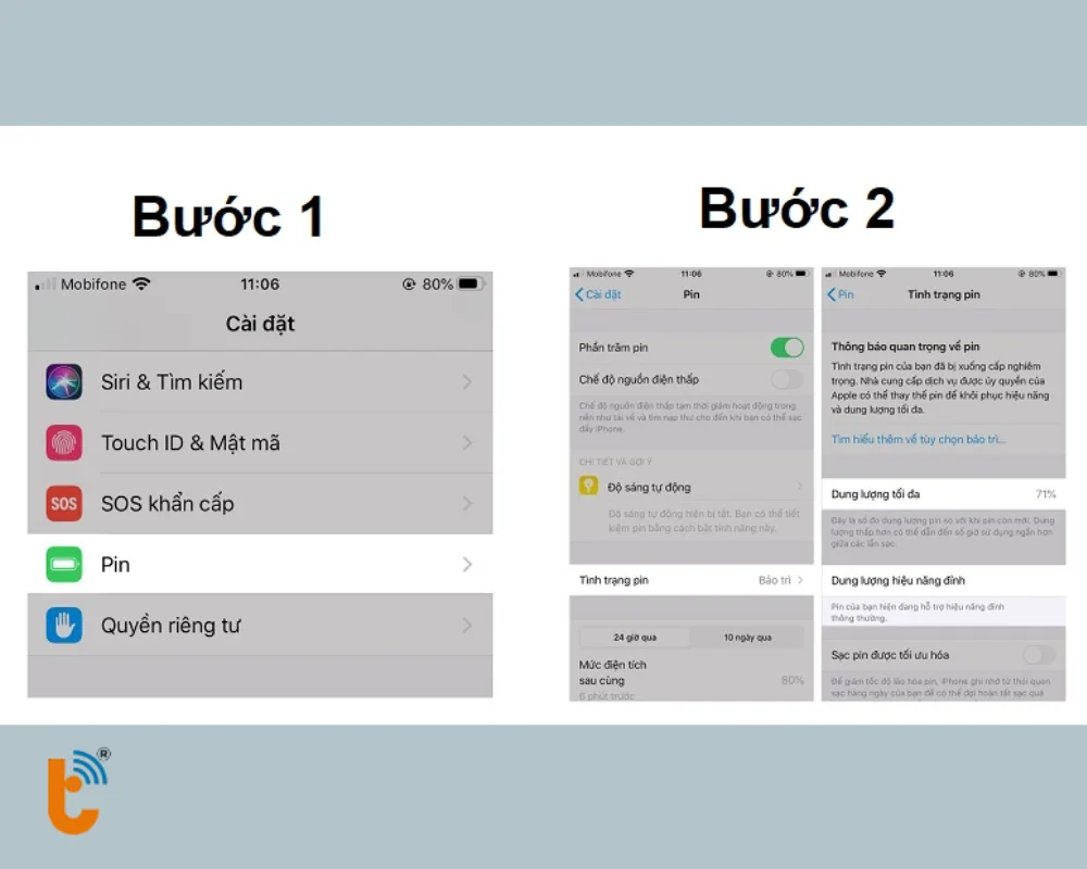 Chọn Tình trạng pin → Xem Dung lượng tối đa/ Dung lượng hiệu năng đỉnh
