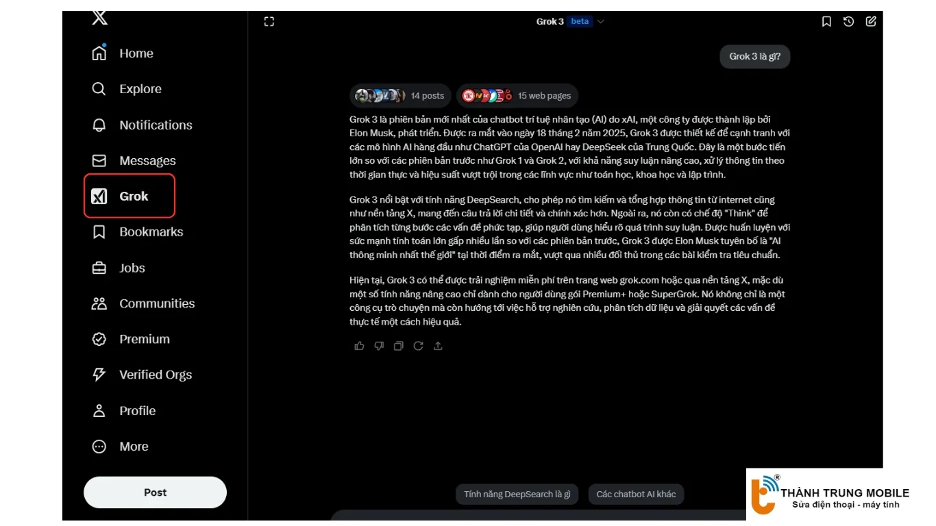Giao điện làm việc của Grok 3 tại X