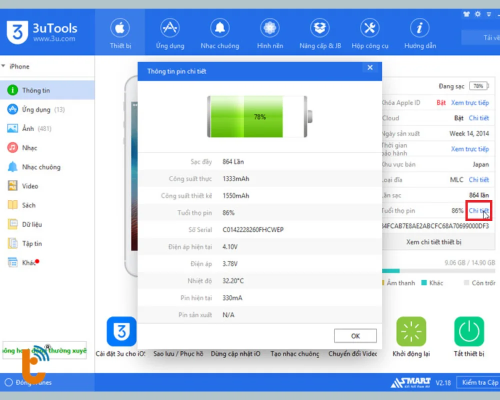 Kiểm tra bằng phần mềm 3uTools