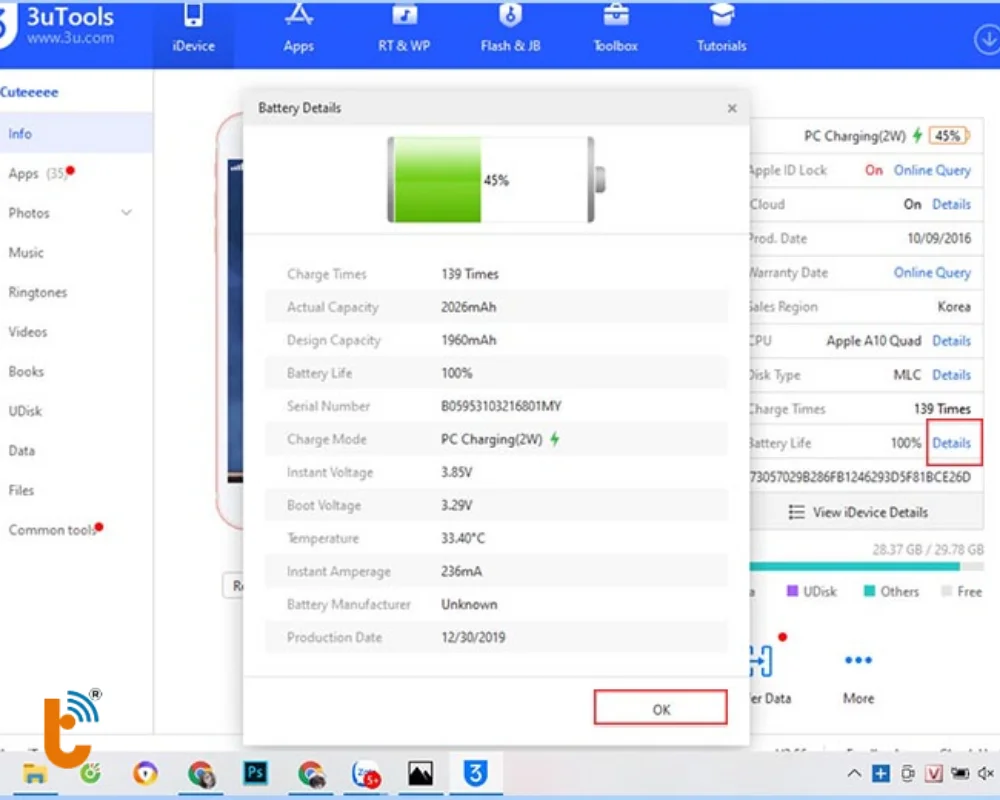 Kiểm tra pin bằng phần mềm 3uTools 
