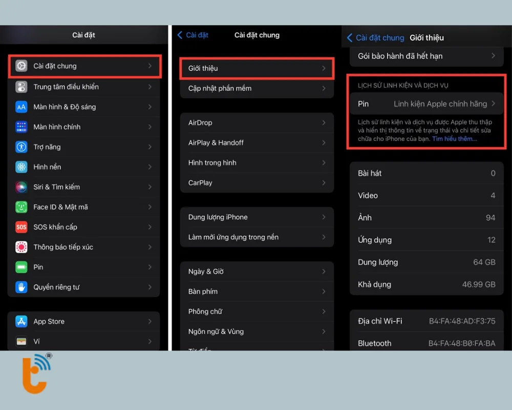 Kiểm tra pin đã thay hay chưa tại Lịch sử linh kiện và dịch vụ