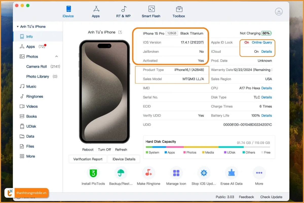 Kiểm tra thông tin cơ bản của iPhone bằng 3utools