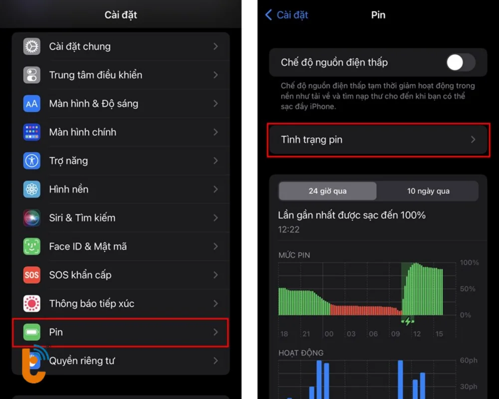Kiểm tra tình trạng pin trong Cài đặt