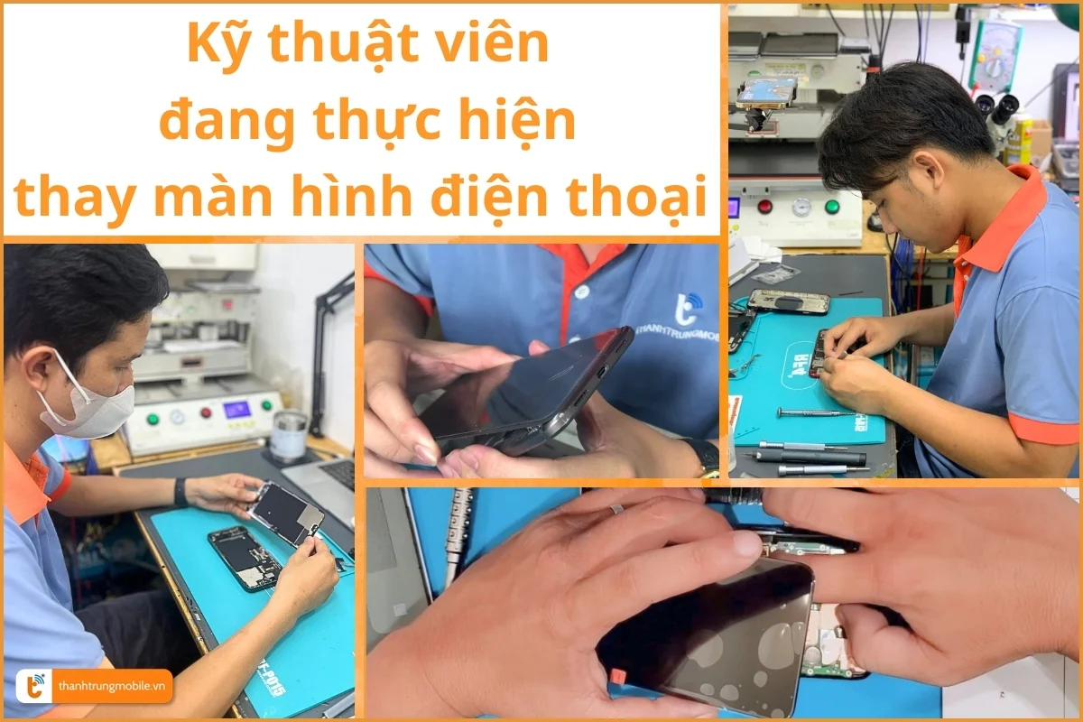 Kỹ thuật viên đang tiến hành quy trình thay màn hình điện thoại tại Thành Trung Mobile