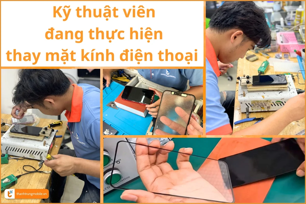 Kỹ thuật viên của Thành Trung Mobile đang tiến hành thay mặt kính điện thoại