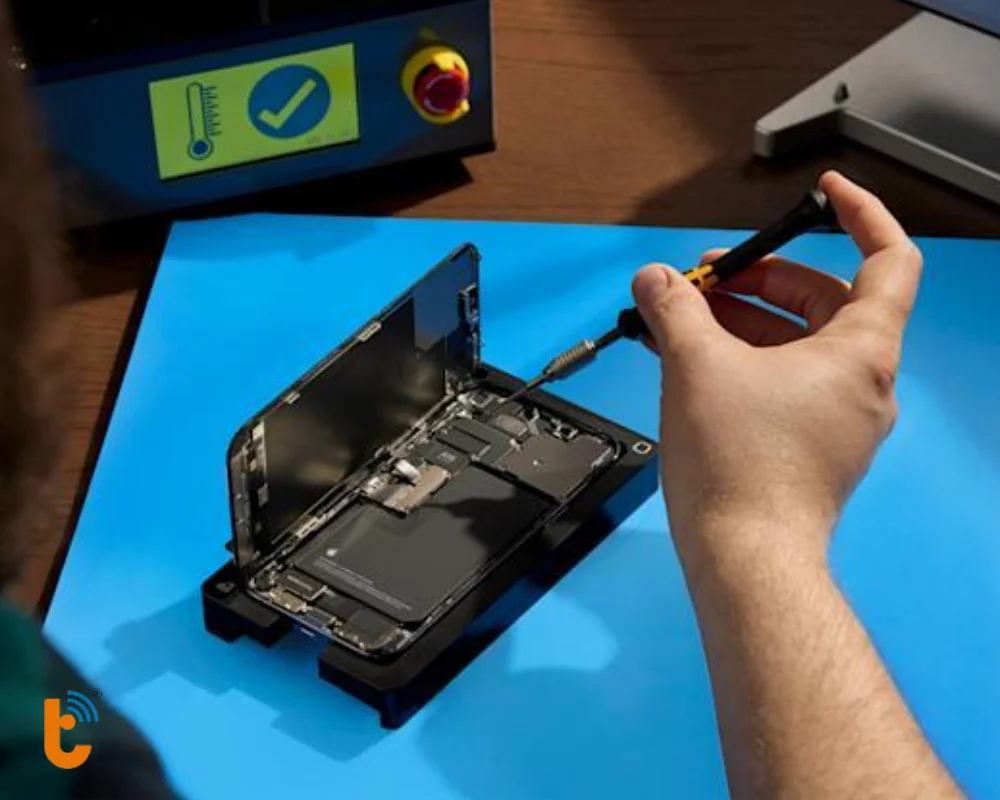 Kỹ thuật viên thay pin bằng dụng cụ chuyên dụng