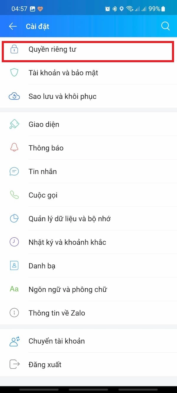 Nhấn chọn Quyền riêng tư