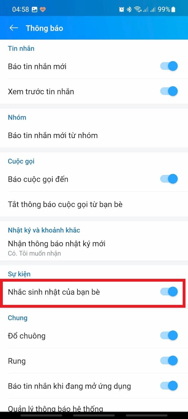 Chọn Tab nhắc sinh nhật bạn bè