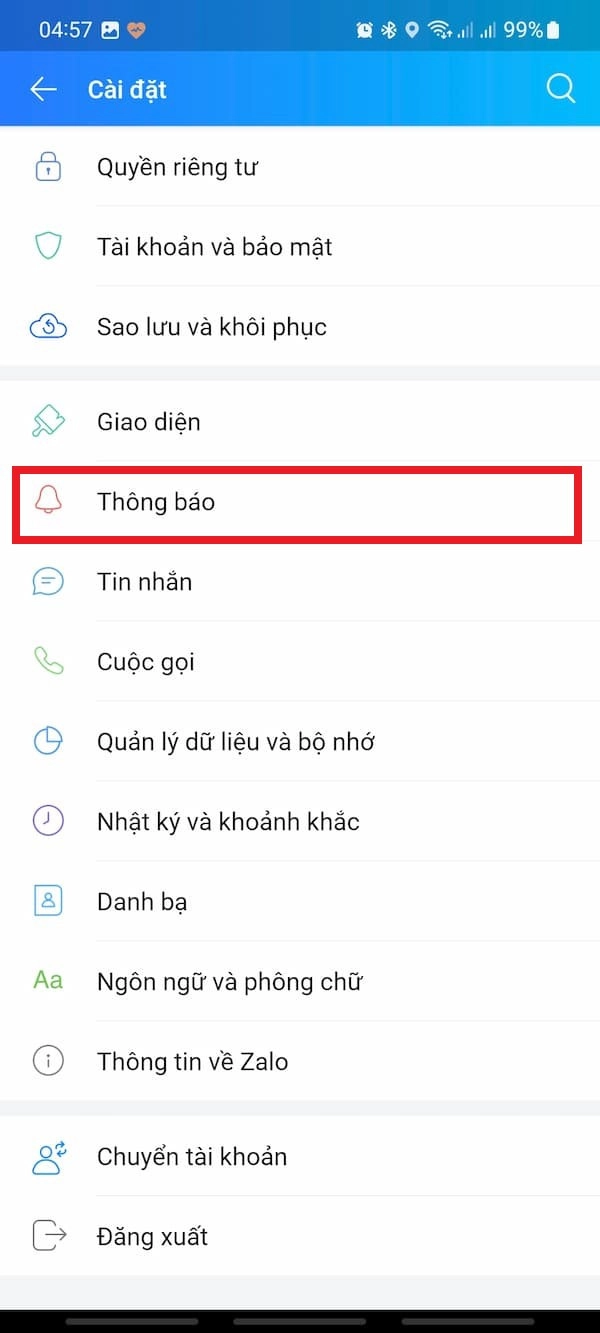 Chọn Thông báo trong Cài đặt