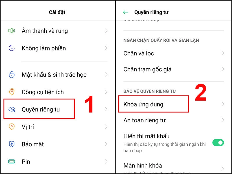 Vaod mục khóa ứng dụng từ cài đặt