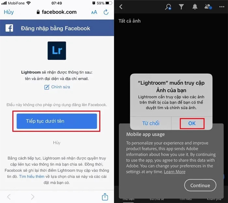 Lightroom sẽ truy cập thẳng vào trình duyệt Facebook trên điện thoại