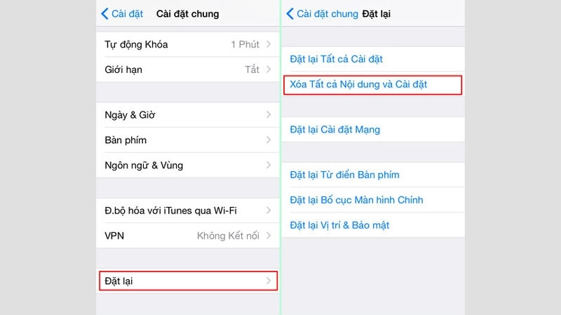 Xóa tất cả nội dung và cài đặt