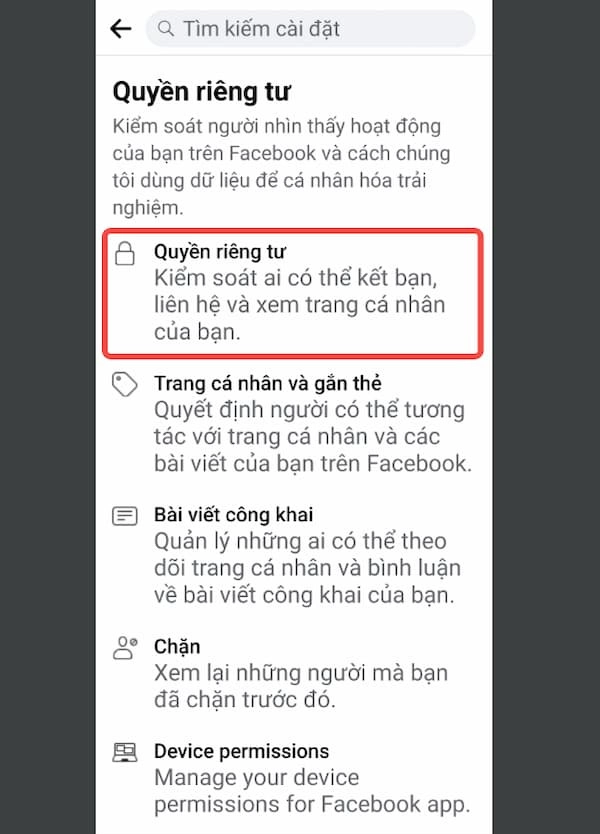 Quyền riêng tư (kiểm soát ai có thể kết bạn, liên hệ và xem trang cá nhân của bạn)