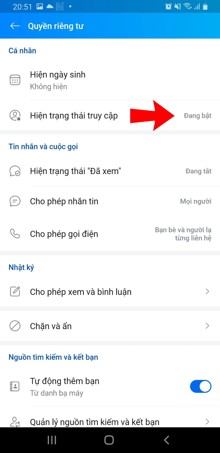 Hiện trạng thái truy cập biểu hiện Đang bật