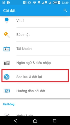 Chọn mục Sao lưu và đặt lại