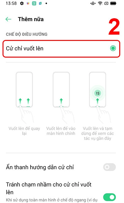 Nhấn chọn Cử chỉ vuốt lên