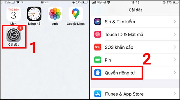 Mở Quyền riêng tư để cấp quyền truy cập camera và micro cho Messenger 