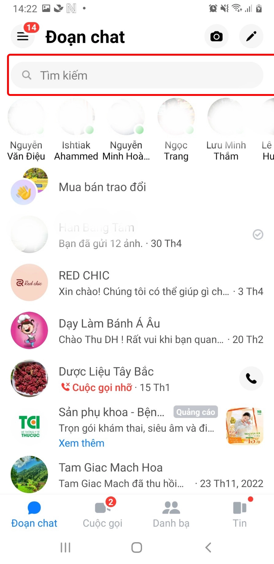 Chọn thanh tìm kiếm trong Messenger