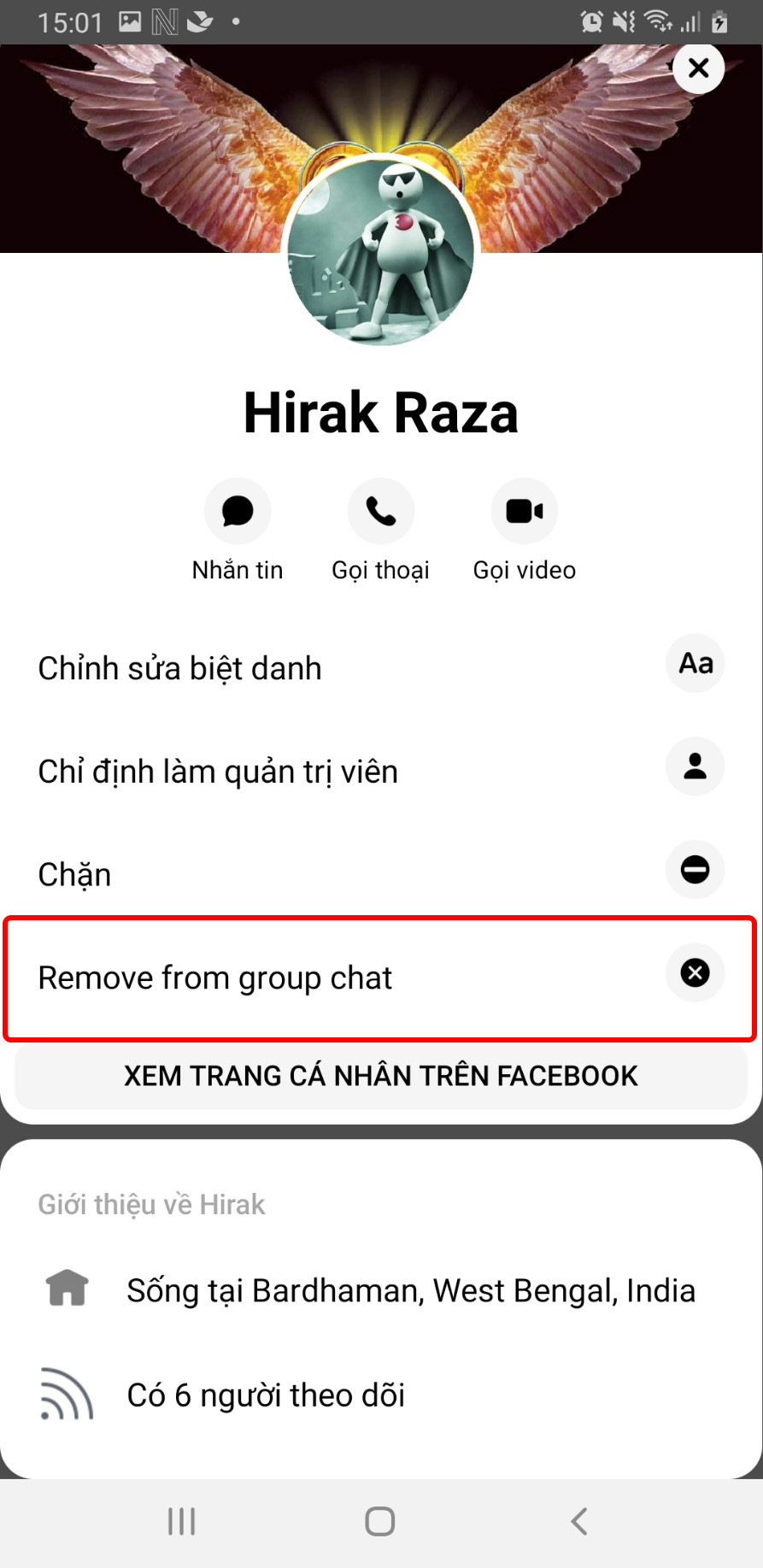 Chọn Remove frome group chat (xóa ra khỏi nhóm)