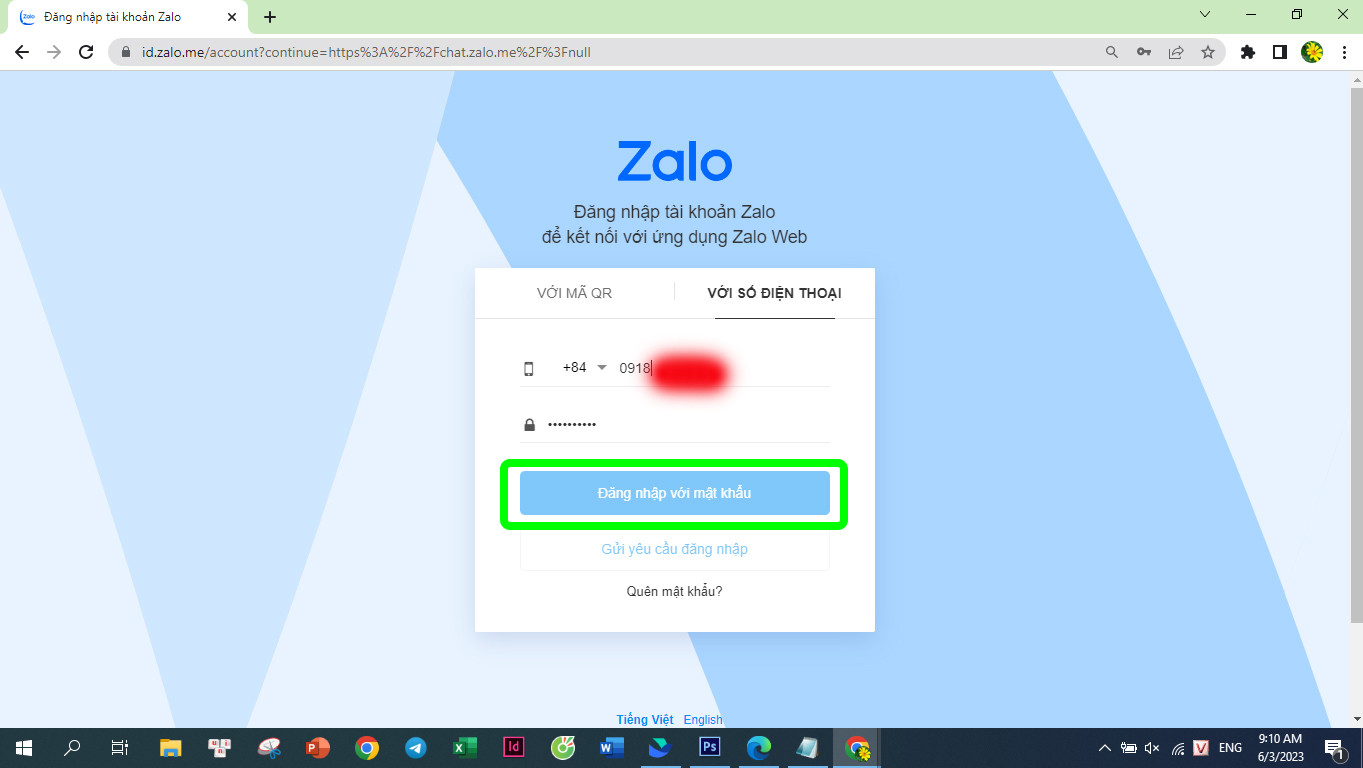 Đăng nhập Zalo qua link bằng số điện thoại đã đăng ký