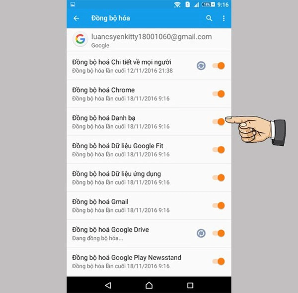 Bật hoặc tắt các dữ liệu muốn đồng bộ lên tài khoản gmail