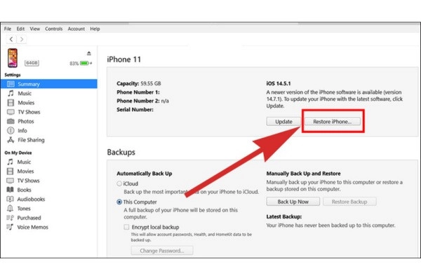 Chọn Restore iphone