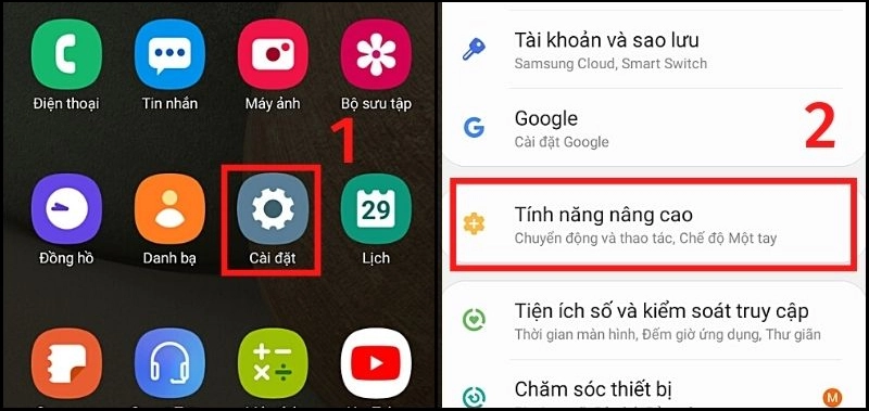 Vào Tính năng nâng cao trên điện thoại