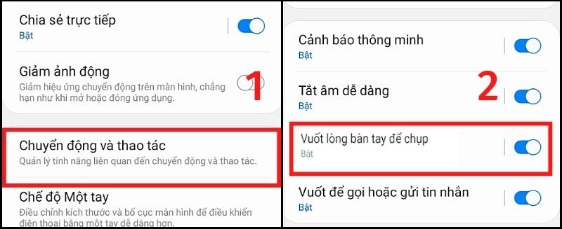 Bật tính năng Vuốt lòng bàn tay để chụp