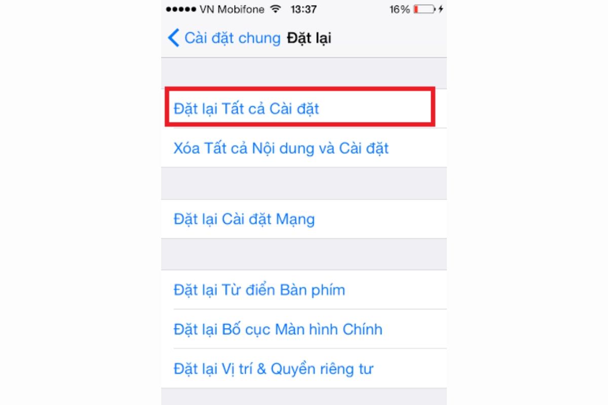 Cài đặt lại tất cả cài đặt