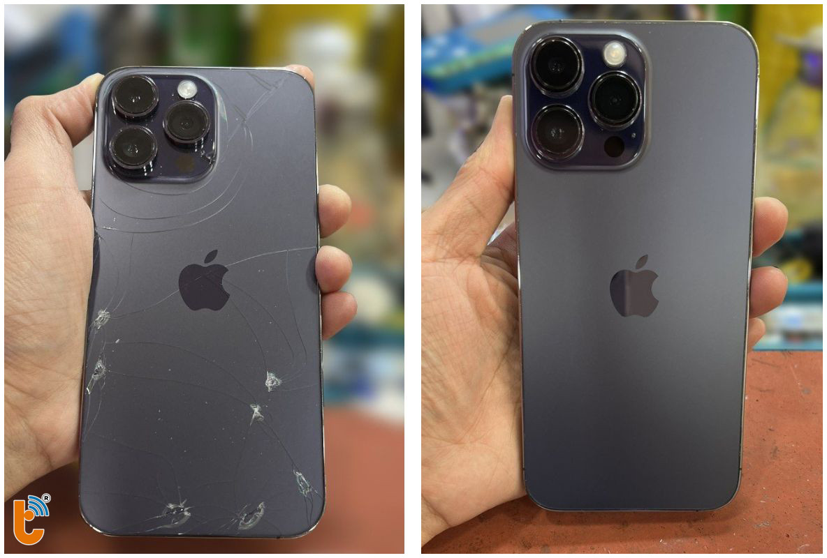 Thay kính lưng iPhone 14 Pro tại Thành Trung Mobile (ảnh bên trái là trước khi thay, ảnh bên phải là sau khi thay mới)