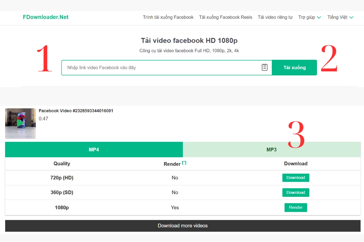 Download video từ Facebook từ FDownloader.net