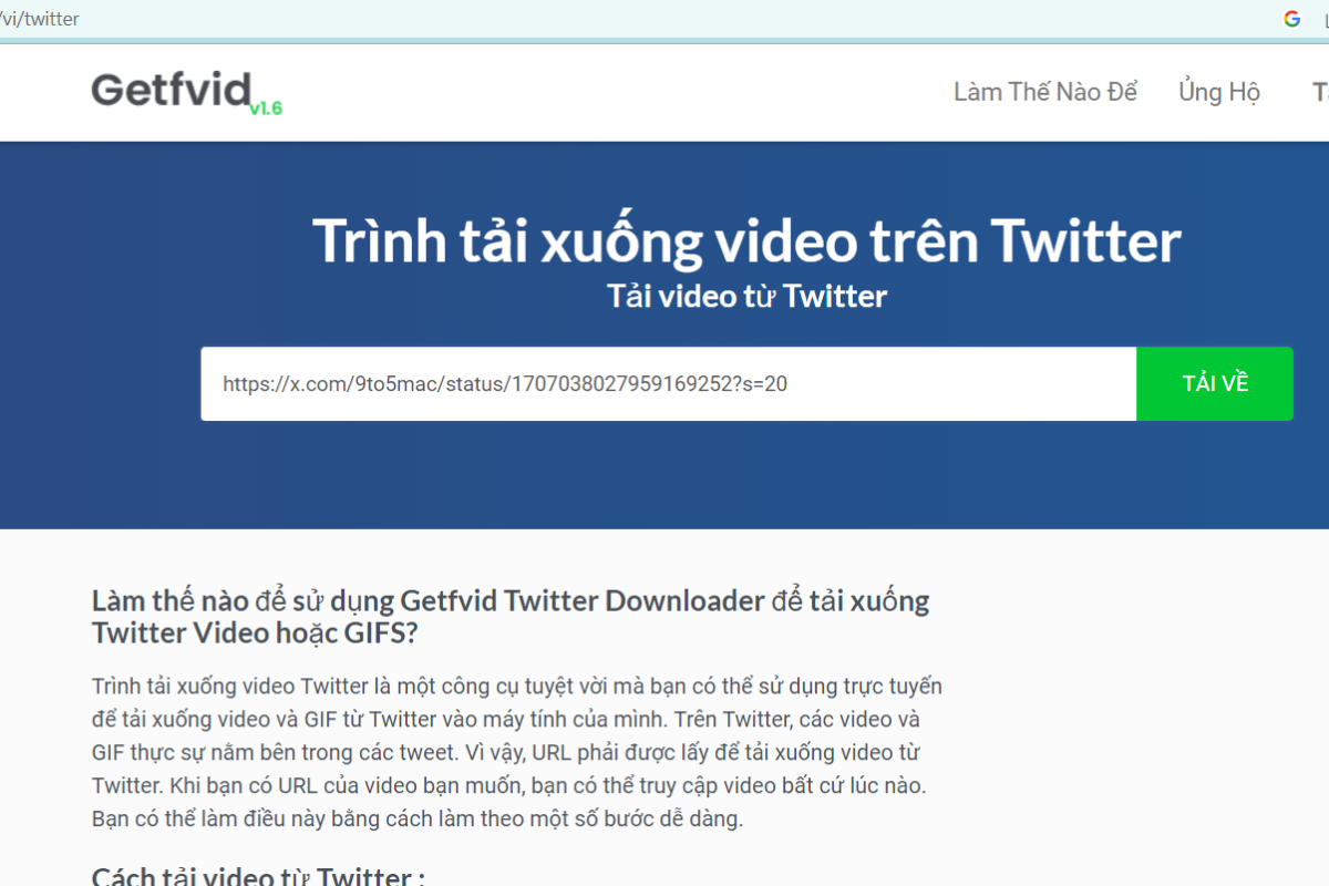 Sử dụng Getfvid Twitter Downloader để tải xuống