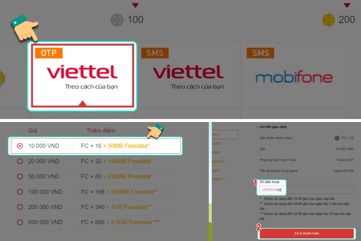 Nạp bằng thẻ Viettel, Mobifone, Vinaphone (OTP, SMS)