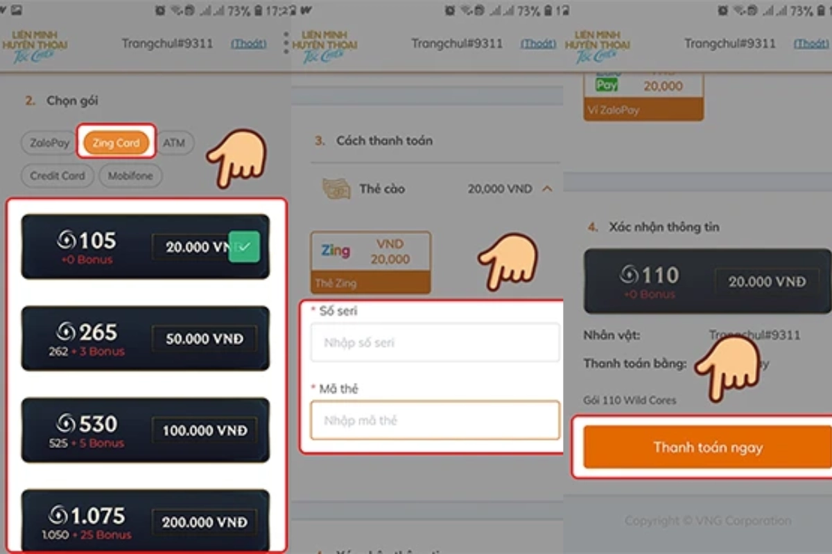 Tại mục dưới ta nhập vào số seri và mã thẻ của Zing Card.