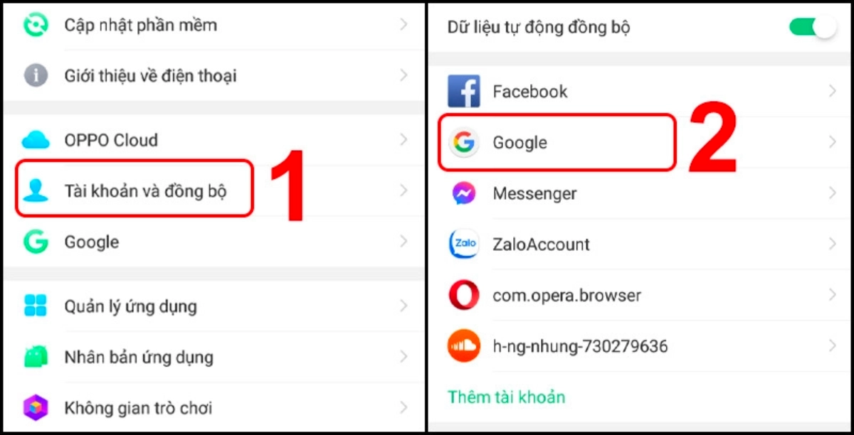 Truy cập tài khoản và đông bộ, vào mục google