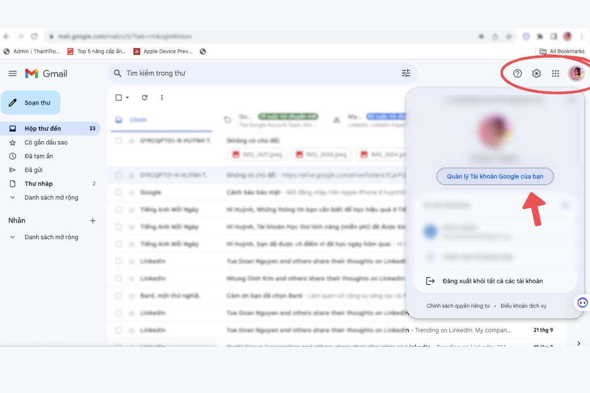 Truy cập vào Gmail và chọn Quản Lý tài khoản Google của bạn