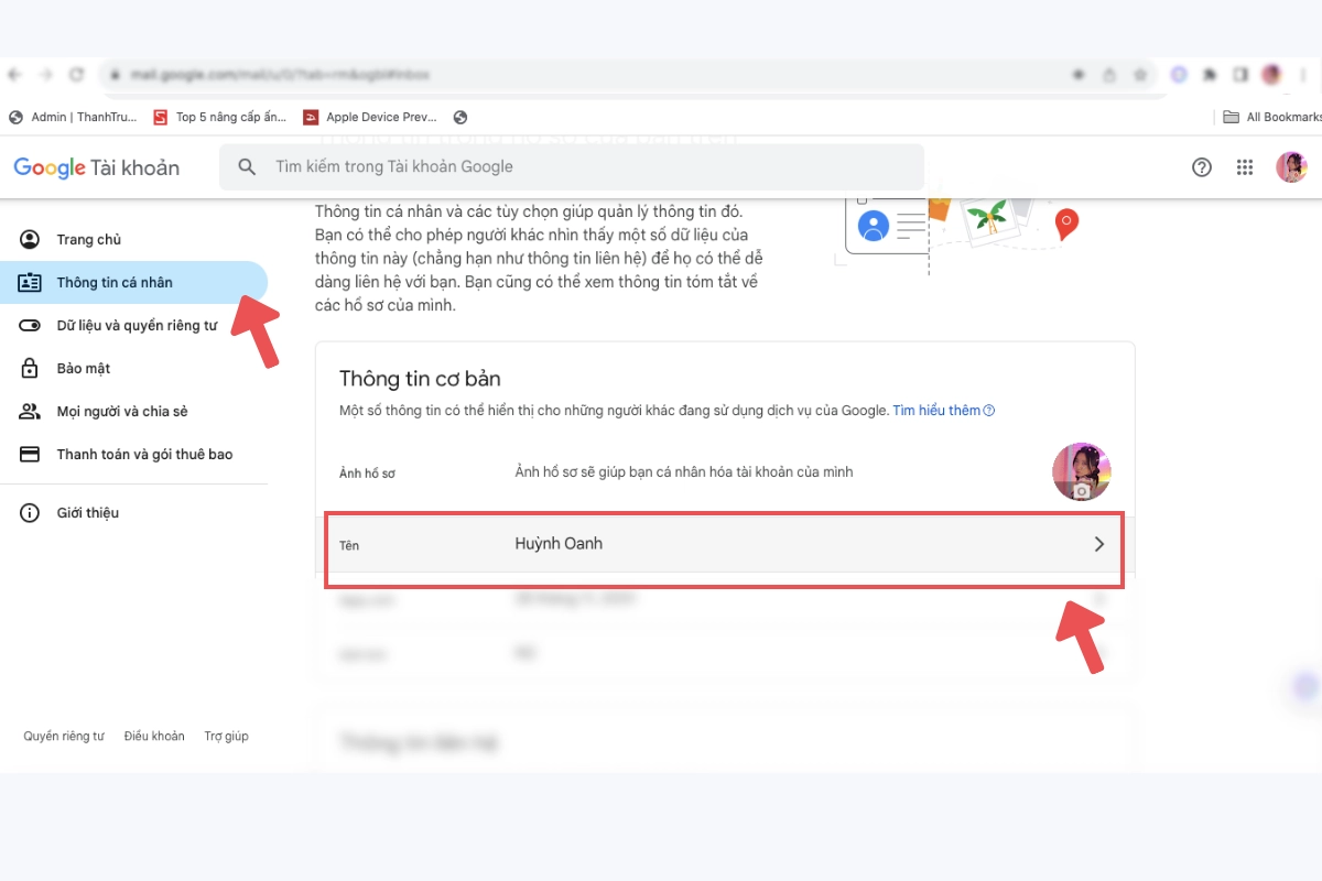 Truy cập vào Thông tin cá nhân để đổi tên Gmail