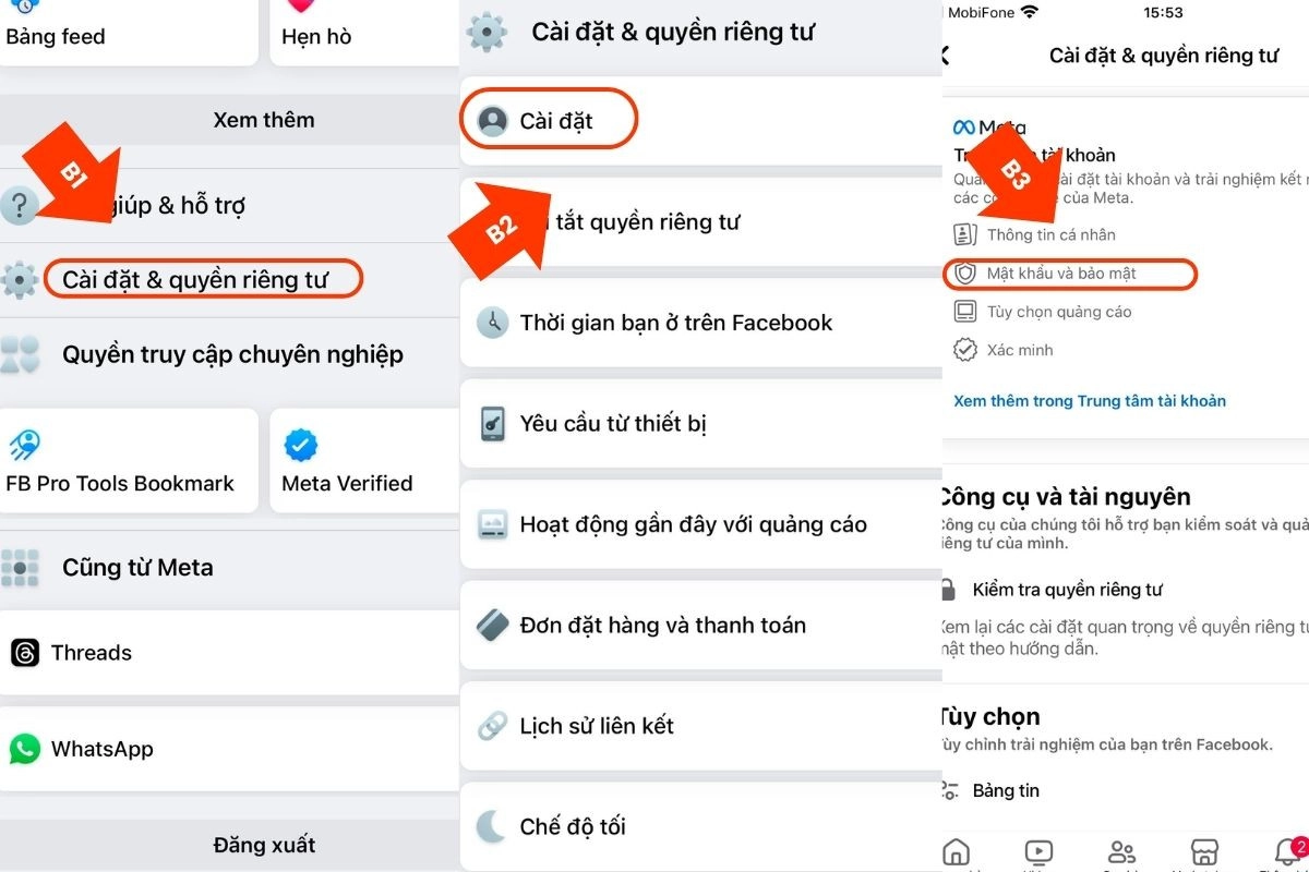 mở ứng dụng facebook để chọn đến bước mật khẩu và bảo mật