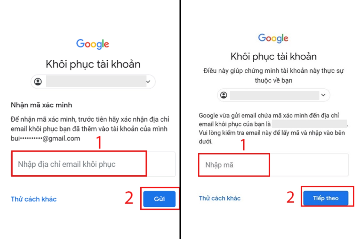 Nhập địa chỉ email khôi phục rồi nhập mã xác minh