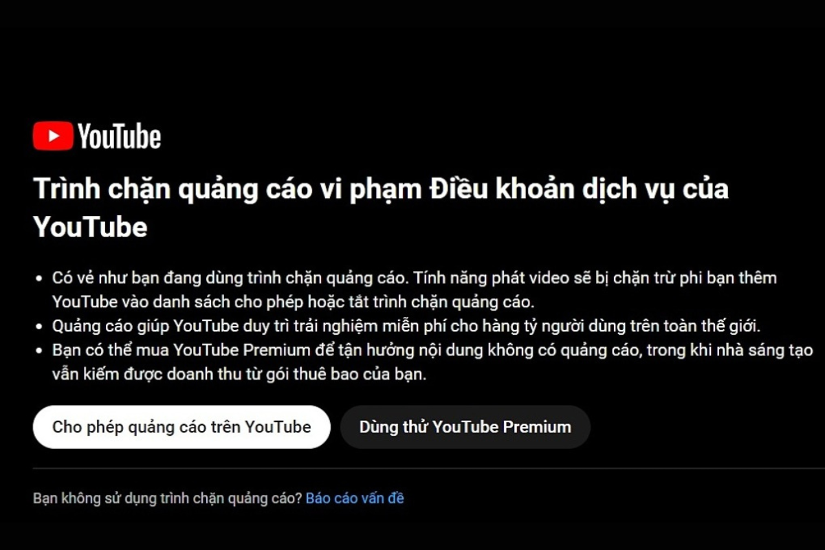 Trình chặn quảng cáo là vi phạm Điều khoản dịch vụ của Youtube