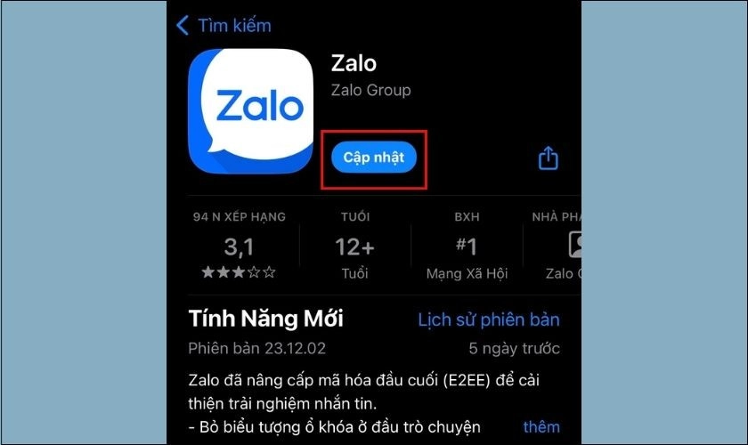 Cập nhật ứng dụng Zalo