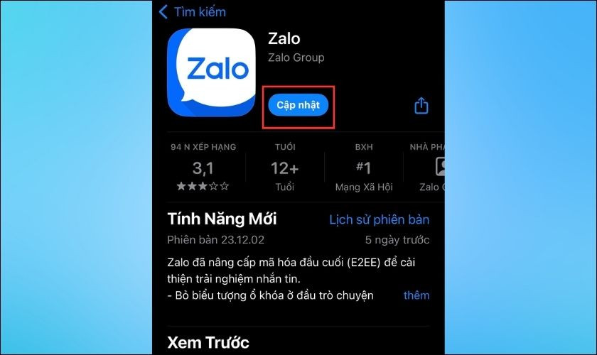 Cập nhật ứng dụng Zalo